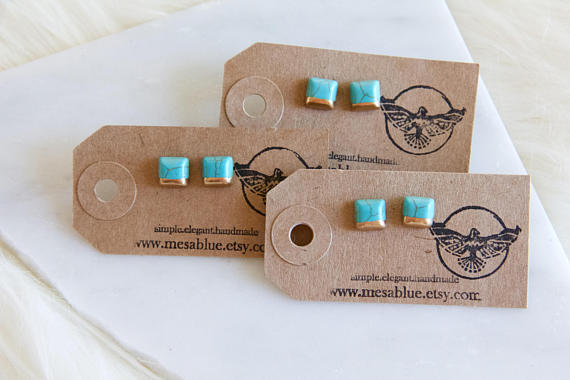 Mesa Blue - Square Turquoise, Hand Gilded, Tiny, Post Earrings, Square Studs