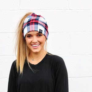 Pretty Simple - Red and Blue Plaid Peek-a-Boo Beanie